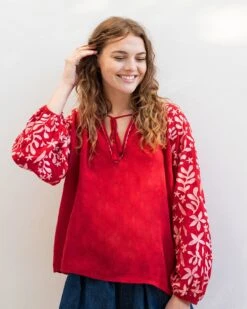 Palermo Embroidered Blouse 19 Palermo Embroidered Blouse -Mersea womens red white embroidered blouse long sleeve front sleeve view