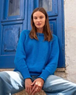 Amalfi Crewneck Pullover 26 Amalfi Crewneck Pullover -Mersea womens royal blue soft crewneck stitched sweater front view travel destionation look