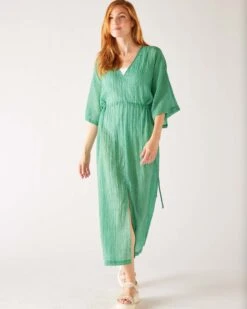Breezy Kaftan Dress 22 Breezy Kaftan Dress -Mersea womens sea green lightweight breathable cinch waist front slit wide elbow length sleeves breezy kaftan dress front view
