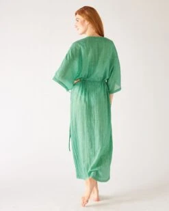 Breezy Kaftan Dress 24 Breezy Kaftan Dress -Mersea womens sea green lightweight breathable cinch waist front slit wide elbow length sleeves breezy kaftan dress rear view