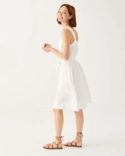 Jolie Linen Sundress -Mersea womens summer lightweight above the knee white linen sleeveless A line sundress with self belt trapunto stitch bra friendly straps and side seem pockets side view