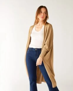 Chelsea Kimono -Mersea womens tan cashmere chelsea travel wrap kimono front view 1