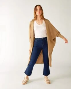 Chelsea Kimono -Mersea womens tan cashmere chelsea travel wrap kimono front view 2