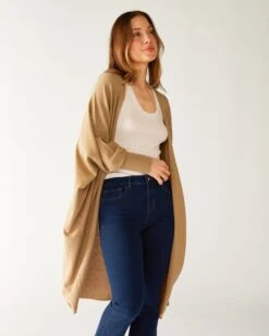 Chelsea Kimono -Mersea womens tan cashmere chelsea travel wrap kimono front view 3
