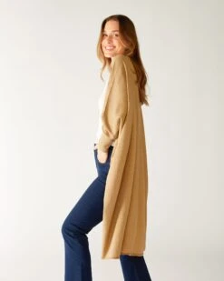 Chelsea Kimono -Mersea womens tan cashmere chelsea travel wrap kimono side view