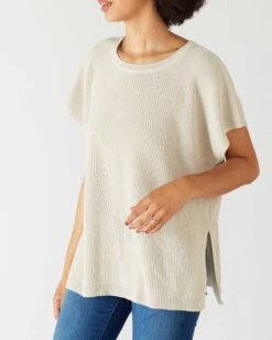 Camden Short Sleeve Sweater -Mersea womens tan short sleeve sweater buttons one size chest view drape