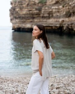 Camden Short Sleeve Sweater -Mersea womens tan short sleeve sweater buttons one size travel