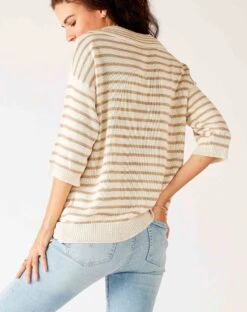 Breton Polo Sweater -Mersea womens white beige striped relaxed fit split collar v neck breton polo sweater rear view