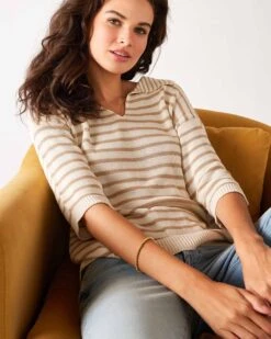 Breton Polo Sweater -Mersea womens white beige striped relaxed fit split collar v neck breton polo sweater sitting