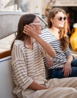 Breton Polo Sweater -Mersea womens white beige striped relaxed fit split collar v neck breton polo sweater travel destination look