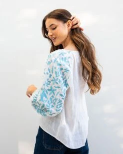 Palermo Embroidered Blouse 18 Palermo Embroidered Blouse -Mersea womens white blue embroidered blouse long sleeve rear view