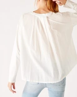 Moderne Pocket Crewneck Tee -Mersea womens white front pocket pleated back crew neck long sleeve tee rear view pleat detail