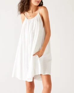 Sailor Slub Tee Dress -Mersea womens white knee length sailor slub tee dress adjustable tunnel neckline front view