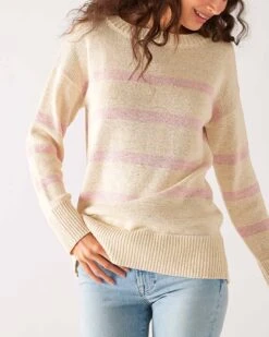 Seasider Boatneck Sweater 15 Seasider Boatneck Sweater -Mersea womens white light pink striped heather lightwieght crewneck seasider sweater front view