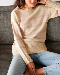 Seasider Boatneck Sweater 14 Seasider Boatneck Sweater -Mersea womens white light pink striped heather lightwieght crewneck seasider sweater front view sitting