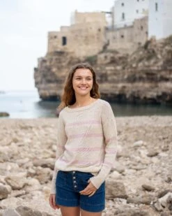 Seasider Boatneck Sweater 17 Seasider Boatneck Sweater -Mersea womens white light pink striped heather lightwieght crewneck seasider sweater travel destination look