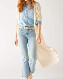 Bar Harbor Duster -Mersea womens white lightweight cuffed elbow length sleeves duster front view flowing