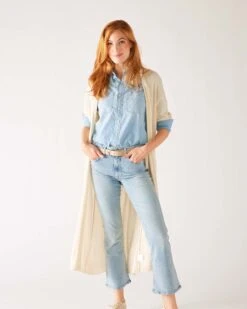 Bar Harbor Duster -Mersea womens white lightweight cuffed elbow length sleeves duster full front view tucked back