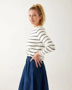Carmel Fitted Cashmere Sweater -Mersea womens white navy striped fitted cashmere crewneck rolled hem pullover sweater side view