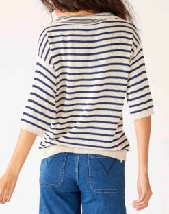 Breton Polo Sweater -Mersea womens white navy striped relaxed fit split collar v neck breton polo sweater rear view