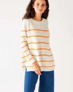 Camden Boatneck Sweater -Mersea womens white orange stripes midweight sweater front view