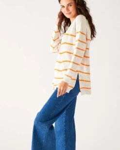 Camden Boatneck Sweater -Mersea womens white orange stripes midweight sweater side view movement