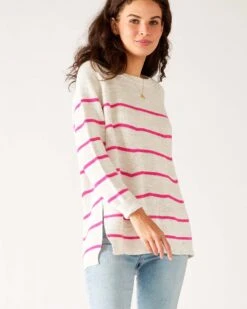 Camden Boatneck Sweater -Mersea womens white pink stripes midweight sweater front view