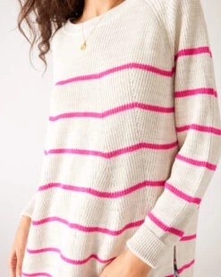 Camden Boatneck Sweater -Mersea womens white pink stripes midweight sweater front view close up detail knit