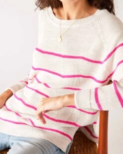 Camden Boatneck Sweater -Mersea womens white pink stripes midweight sweater front view sitting detail cuffs