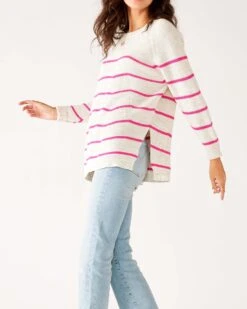 Camden Boatneck Sweater -Mersea womens white pink stripes midweight sweater side view walking flowing