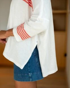 Catalina Slub Tee 22 Catalina Slub Tee -Mersea womens white red striped slub tee one sized side slits view