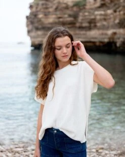 Camden Short Sleeve Sweater -Mersea womens white short sleeve sweater buttons one size tucked travel