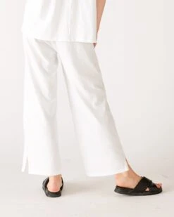Traveler Tee Pant -Mersea womens white wide leg ankle side slit elastic waist pant rear view