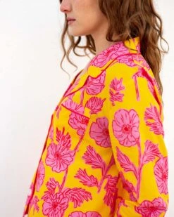 Over The Cotton Moon Pajama Set - Poppies 11 Over The Cotton Moon Pajama Set - Poppies -Mersea womens yellow pink poppy print wide legged pajama set with pockets and ribbon tie shoulders close up